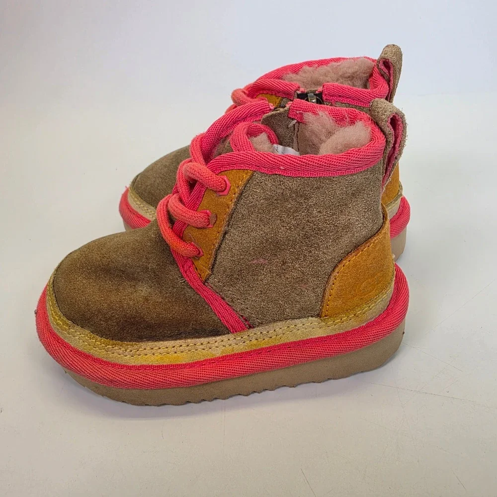 UGG Neumel II Toddler 6C Brown Pink Suede Shearling Lace Up Ankle Boots